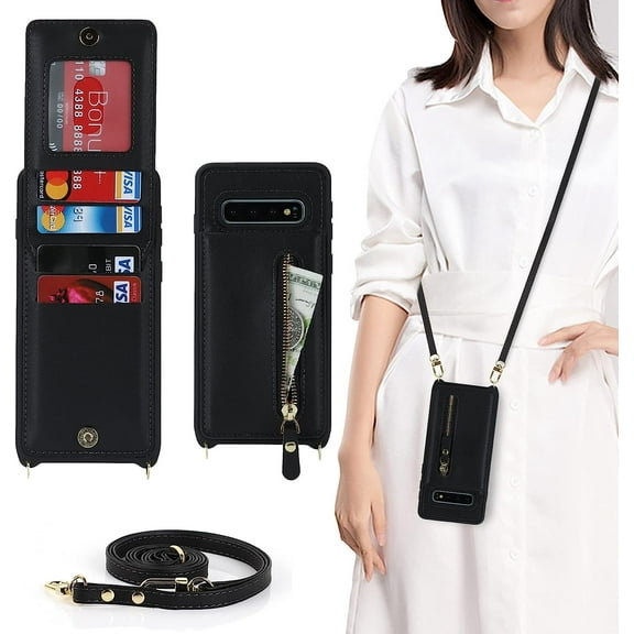 Crossbody Strap 3 in 1 Wallet Case for Samsung Galaxy S10 Case with Card Holder,Lanyard Strap Leather Zipper Wallet Case for Women Girl Men,6.1 Inch,Black