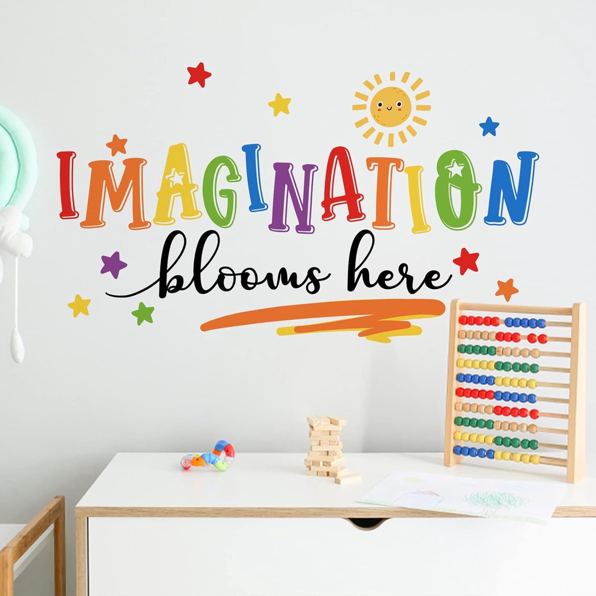 CCOCC Imagination Blooms Here Kids Playroom Classroom Wall Decals Stickers Watercolor Sun Star Baby Boys Girls Nursery Decoration Bedroom Art Neutral Preschool Toddlers Daycare Room Decor