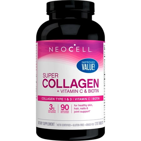 NeoCell Super Collagen Peptides + Vitamin C & Biotin, 3g Collagen Per Serving, Gluten Free, Promotes Healthy Hair, Beautiful Skin, and Nail Support, Dietary Supplement, 270 Tablets