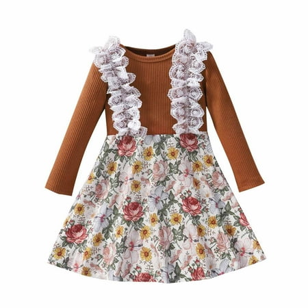 

Efsteb Infant Toddler Baby Girls Casual Crochet Lace Trim Round Neck Ribbed Floral Print Sleeve Splicing Dress Kids Girls Long Sleeve Princess Dress Brown 5-6 Years