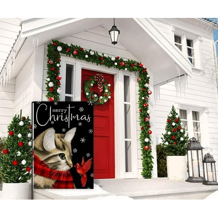 Christmas Cat Garden Flag 12x18 Vertical Double Sided Merry Christmas Cardinal Bird Farmhouse Winter Holiday Outside Decorations Black Burlap Yard Flag