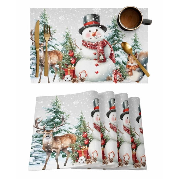 Placemats Set of 8, Snowman Christmas Woven Placemat, Linen Place Mats for Kitchen/Dining Tables, Weeping Xmas Tree Pine Cones Elk Washable Table Mats for Party