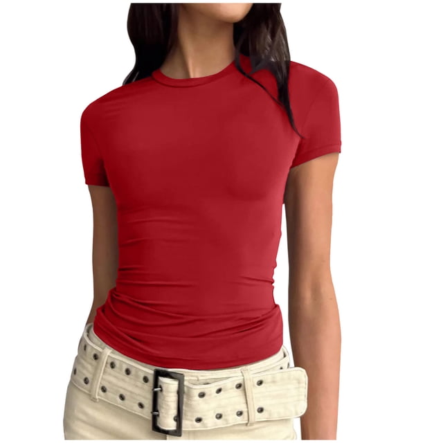 AherBiu Plus Size Tops for Women Basic Solid Color Crewneck Short Sleeve Slim Tight Stretchy Comfy Tshirts Tops