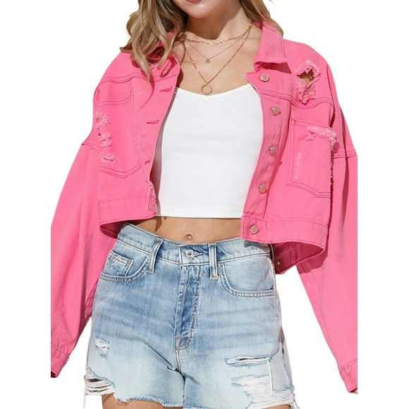 WIFORNT Women Crop Jean Jacket Cual Button down Ripped Denim Jacket with Rhinestone Tsel Fall Outwear