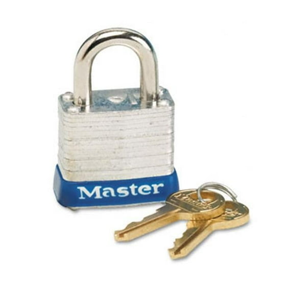 Master Lock 7D Four-Pin Tumbler Lock- Laminated Steel Body- 1-1/8'' Wide- Silver/Blue- Two Keys
