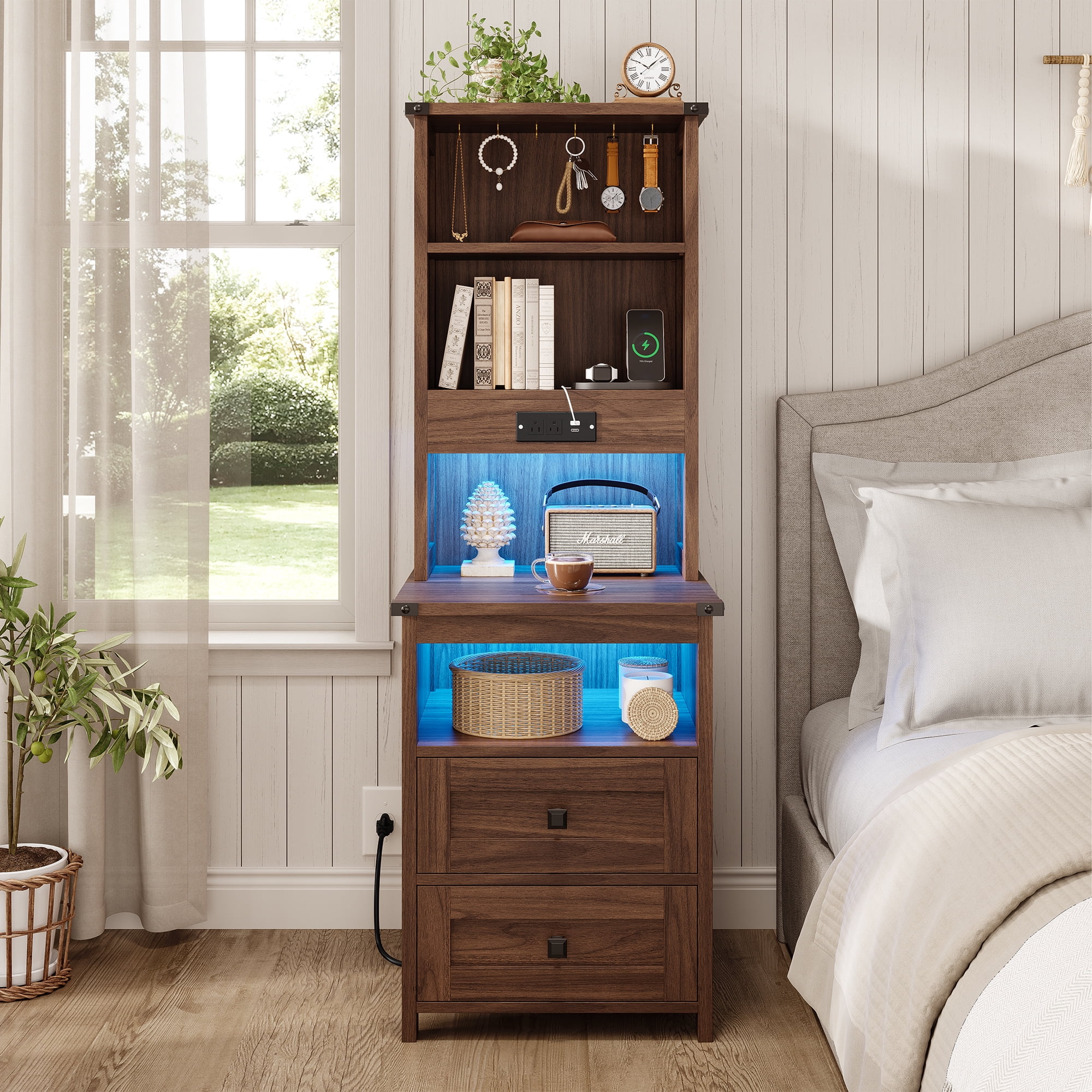 Farmhouse 51.6'' Tall Nightstand with Charging Station and LED Lights, Bed Side Table with 2 Drawers and Bookshelf & 6 Hooks, Easy to Assembly, Oak Brown