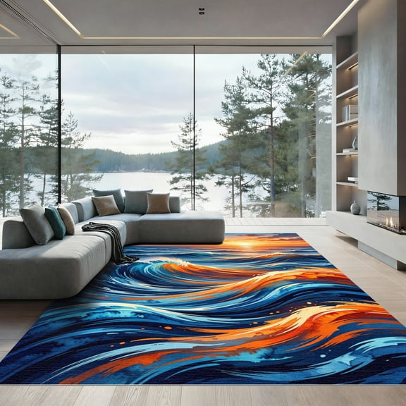 ODIKA 4'x6' Machine Washable Non-Slip Area Rug, Contemporary Navy Blue High Traffic Rug, Blue, 1168612
