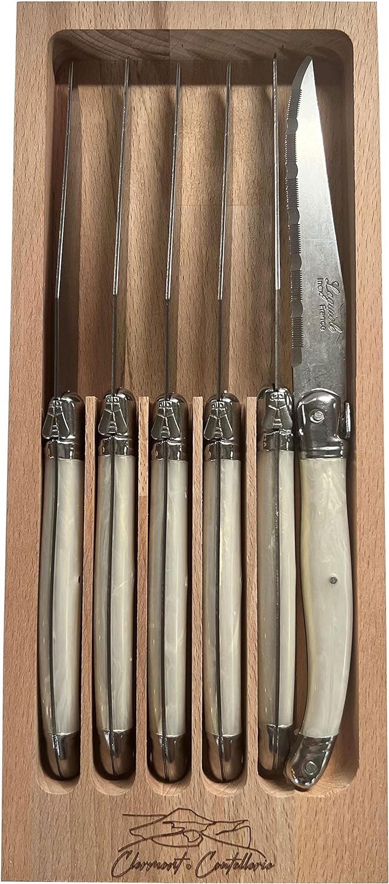 Laguiole Serrated Edge Sharp Premium Dishwasher Safe Full Tang Stainless Steel 6-Piece Steak Knife Set, Shiny Cream Handle
