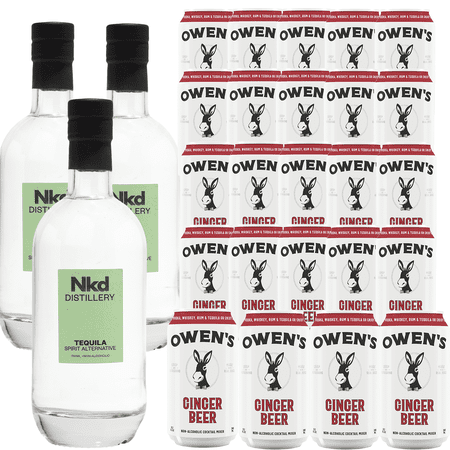 Nkd Distillery Tequila Alternative Premium Non-Alcoholic Spirit 750 ML Bottles w Owen’s Mixers Ginger Beer 8.2 OZ Cans - Perfect for Mocktails - A