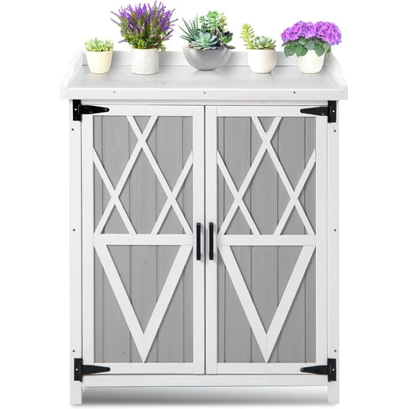 Homhougo Potting Bench Outdoor Cabinet with Metal Tabletop, Wooden Storage Cabinets Weatherproof for Outside, Planting Work Benches with Adjustable Shelf, Doors for Garden Patio Lawn