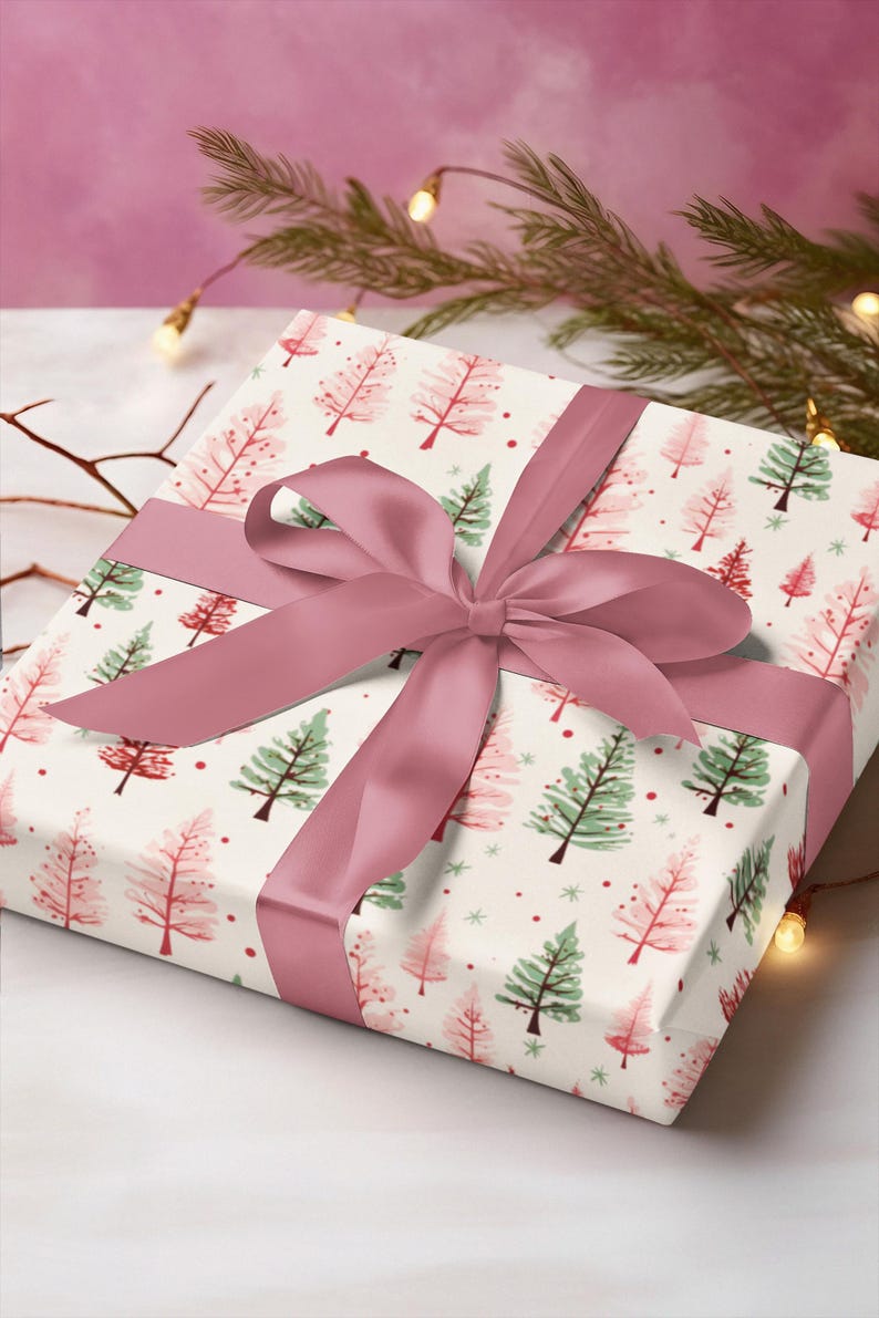 Pink & Green Christmas Wrapping Paper Pastel Xmas Tree Print Festive Gift Wrapping Paper Roll Christmas Classic Holiday Gift Wrap Paper Vintage Christmas Gift