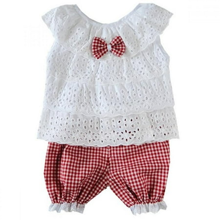 

2PCS Set Toddler Kids Baby Girls Outfits Lace Clothes Tops+Plaid Shorts Pants