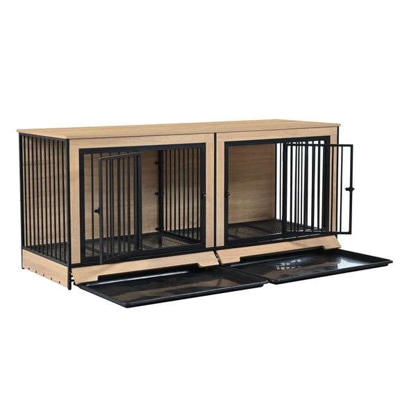 Dog Crate with Two Combined Rooms and Removable Trays, XL Wooden Pet Kennel and Large Dog Cage Furniture with Divider, Black and Natural