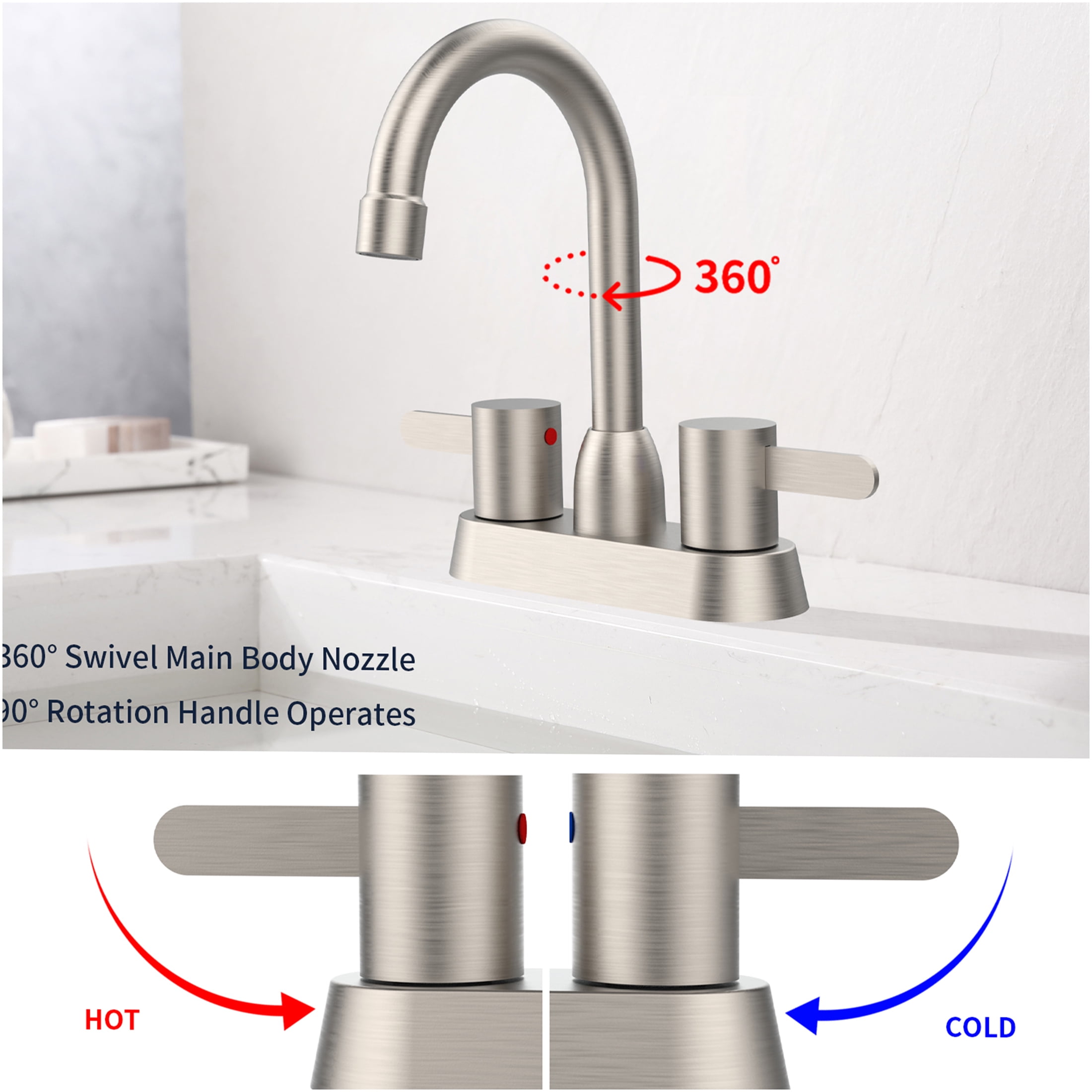 JERFIT Brushed Nickel Centerset Bathroom Sink Faucet, 2 Handle 3-Hole Deck Mount RV Lavatory Faucet, Easy Install Solid Brass Construction