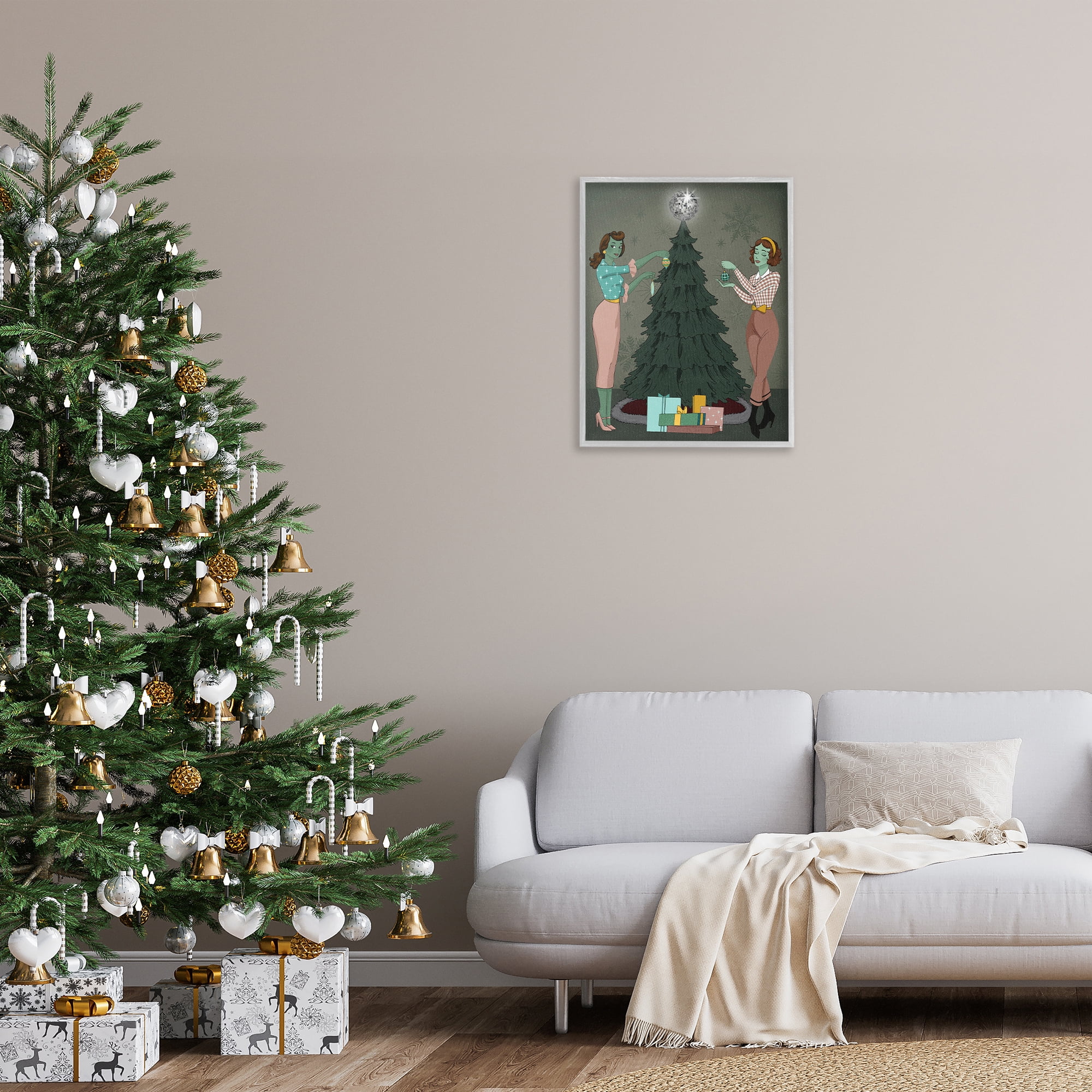 Stupell Industries Girls & Christmas Tree Holiday Painting Gray Framed Art Print Wall Art, 24 x 30
