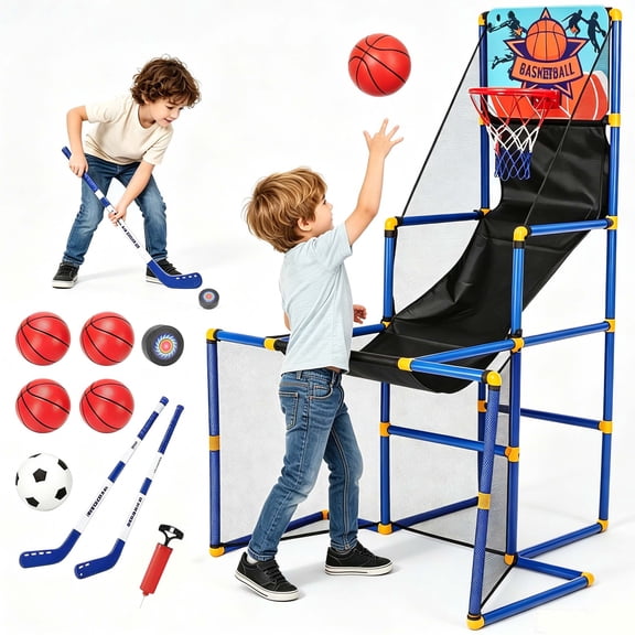 Toddler Basketball Hoop Set, 3-In-1 Arcade Basketball Game Indoor W/ Soccer Goal, Portable Indoor Outdoor Sports Play Toy, Gift for Ages 3-12 Boys Girls Air Pump and 6 Balls Included, 2 Hockey Sticks