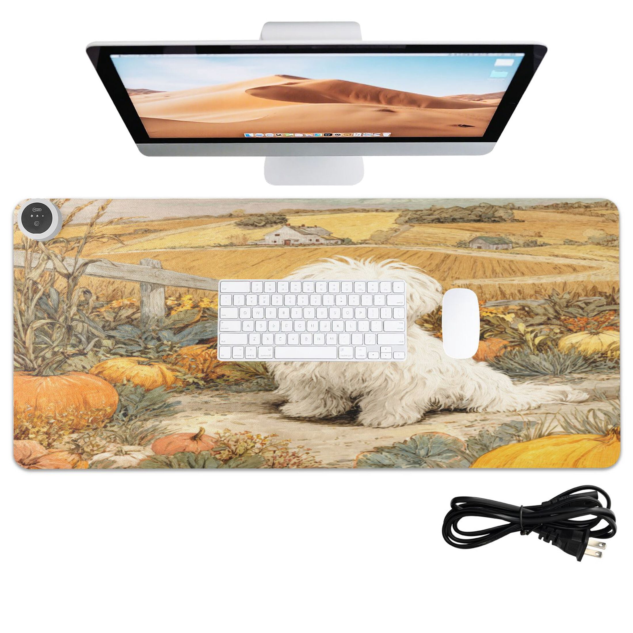 Large Heated Desk Mat Mouse Pad 31.5"x13"PU Leather Graphene Heating Desk Warmer with 3 Temperature Settings 110V US Plug Non-Slip Warm Pad for Home, Office, and Gaming White Havanese Dog Pattern