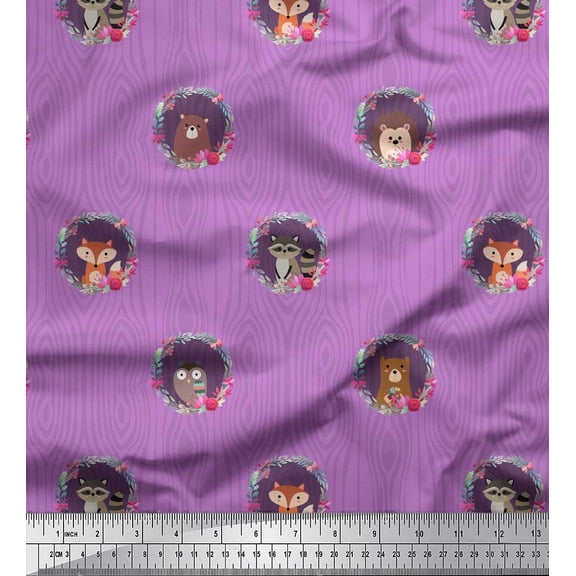 Soimoi Purple polyester Crepe Fabric Wreath & Animals Tribal Printed Craft Fabric by the Yard 42 Inch Wide