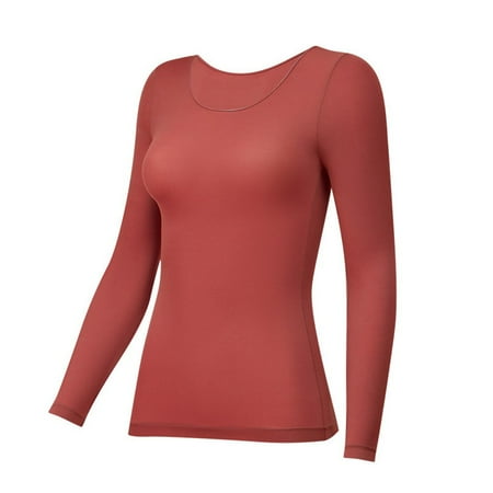 

Women Round Neck Thermal Top Baselayer Underwear Silky Shirt Soild Color Slim