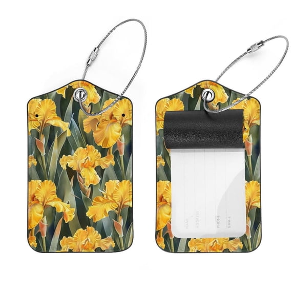PhooArto 2 Pcs Luggage Tags, Yellow Flower Iris Pattern Privacy Cover ID Label with Stainless Steel Loop and Address Card for Travel Bag Suitcase