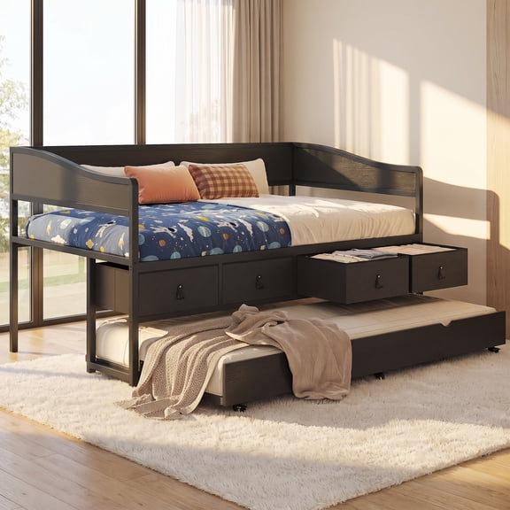 Afuhokles Twin Size Daybed with Trundle, Daybed with Storage Headboard, Heavy Duty Sofa Bed Frame with Pop-up Trundle for Living Room, Bedroom and Guest Room, Black