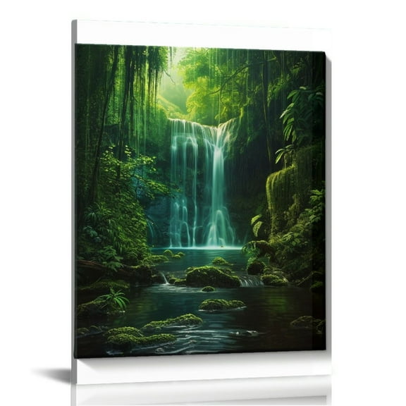JRXY Canvas Prints Forest Waterfall at Sunrise Painting Wall Art Spring Nature Landscape Canvas Artwork Print Modern Living Room Wall Decoration Framed Ready to Hang 12x16 in