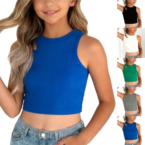 QNANSPI Girl's Cropped Tops, Girls Ribbed Knit Crop Tank Tops Sleeveless High Neck with Side Cutout Casual Summer Layering Cami for Kids Girls 1-10Y