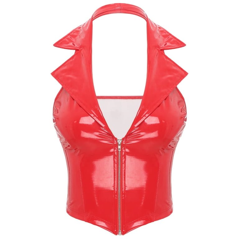 DPOIS Womens Faux Leather Front Zipper Tank Tops Red 3XL DPOIS Womens Faux Leather Front Zipper Tank Tops Red 3XL