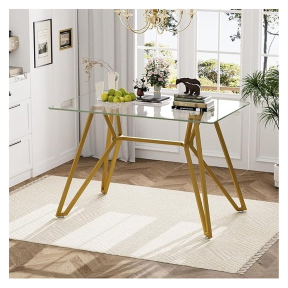 47.3" Rectangular Glass Dining Table for 1-6 People, Modern Tempered Glass Top with Metal Legs, Space-Saving Kitchen Table for Dining Room, Living Room, Office