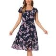 thumbnail image 4 of INSPIRE CHIC Robe pour Femme Florale à Encolure Carrée Manches Volantées Style Casquette Midi à Volants Robe d'Invitée de Mariage TP Bleu Rose, 4 of 6