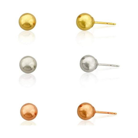 AVORA 3-Pair 10K Yellow, White, and Rose Gold Three Color Polished Ball Stud Earrings Set