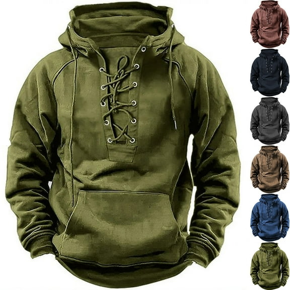 Fanxing Deals 2025 Mens Casual Hooded Pullover Sweatshirts Drawstring Long Sleeve Hoodies Cargo Sweatshirt Army Green,M