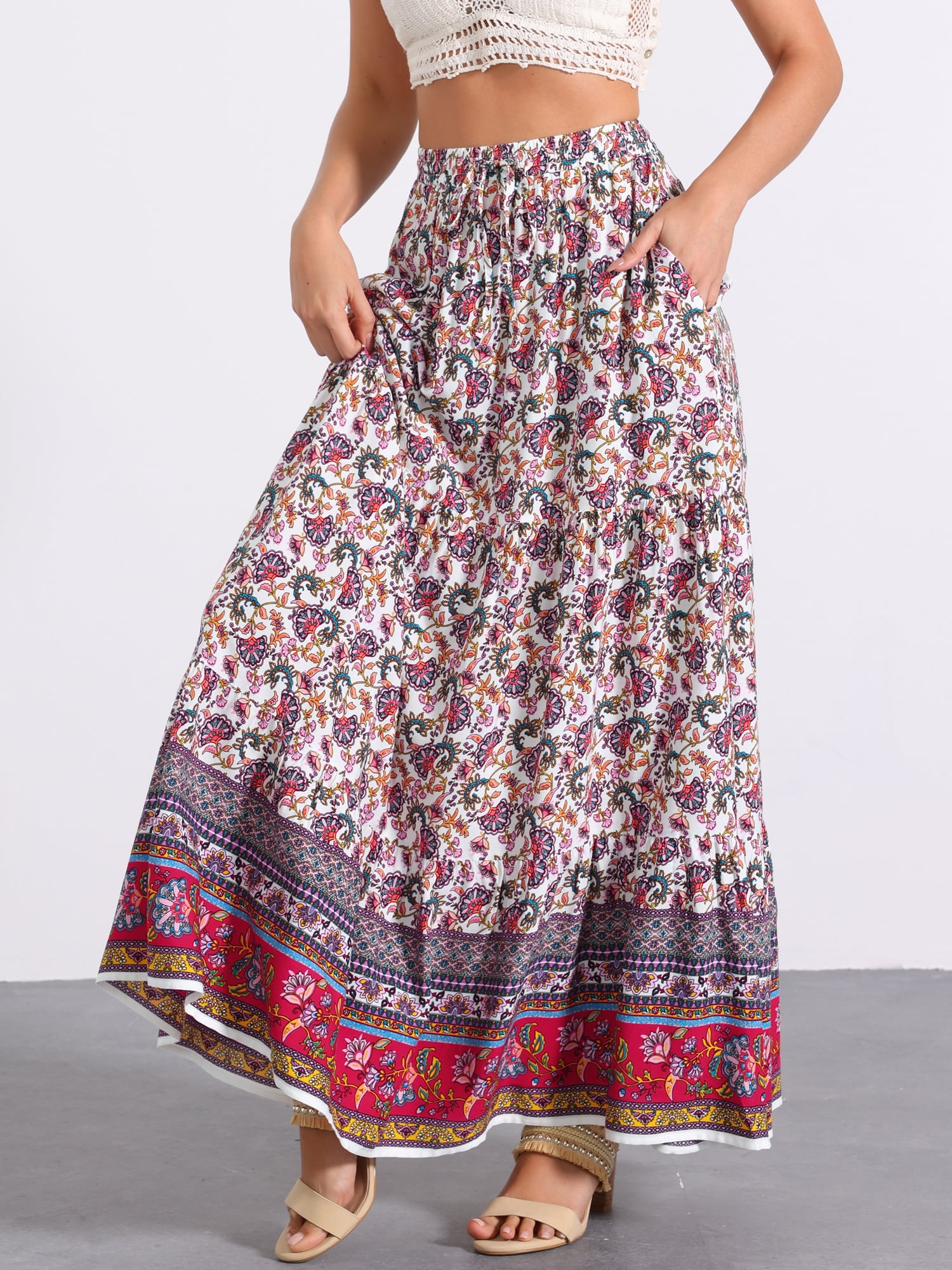 DARING DIVA Women's Boho Flare Floral Skirt XL White Purple