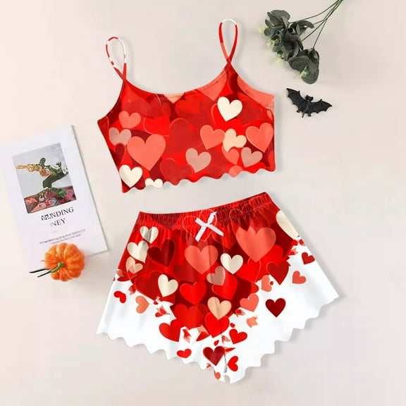 XINXIAOO Women's Heart Print Casual Pajama Shorts Set Pajamas for plus Size Women Women's Pajamas Short Sleeve Short Pajamas for Women Satin Pajamas Set Women Pajamas Set Shorts Christmas Pajamas
