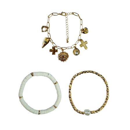 No Boundaries Women's Assorted Gold Plated Bracelets with Cross and Evil Eye Charms, 3 Pack