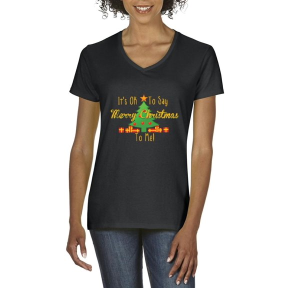 MmF - Women's T-Shirt V-Neck Short Sleeve - It is OK to Say Merry Xmas To Me