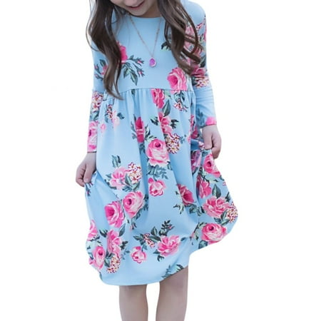 

SYNPOS 4-13T Girls Floral Print Long Sleeve Boho Empire Waist Midi Dress with Pockets