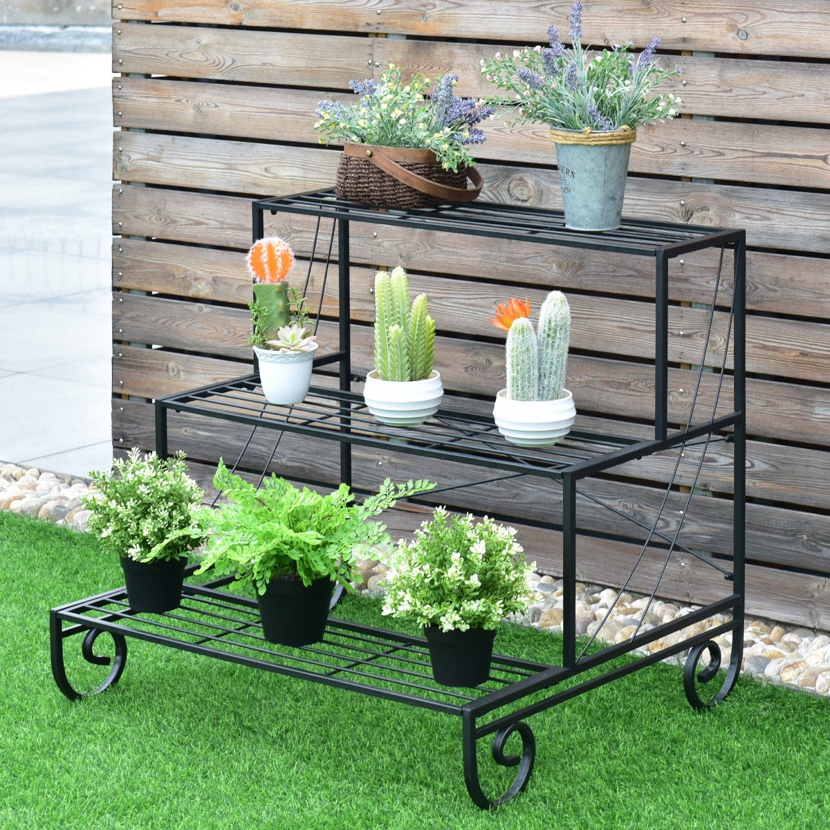 Set of 3 Plant Stand Flower Table Garden Display Outdoor Home Decor Metal Black 