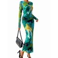 thumbnail image 2 of Women'S Bodycon Maxi Dress Fashion Long Sleeve Floral Print Tight Fitted Party Club Ruched Dresses Dark Green XS, 2 of 10