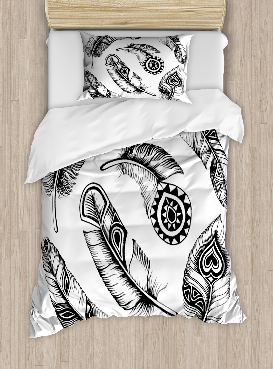 Feather Twin Size Duvet Cover Set, Black Feathers with Primitive Tribal