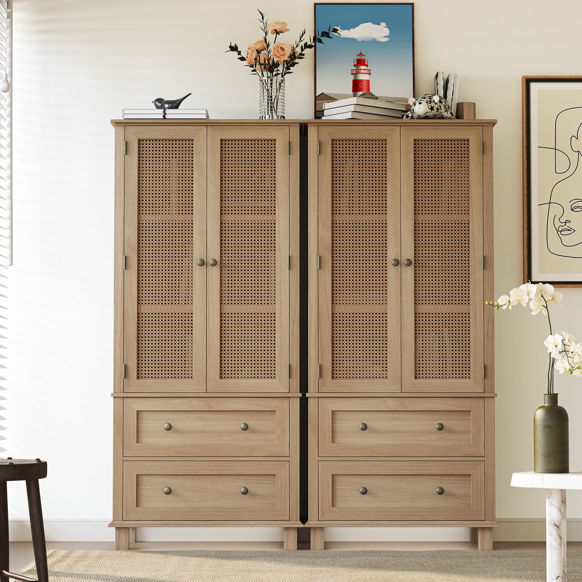 Homfa Rattan Cabinet with Doors, Tall Storage Cabinet with 2 Drawers, Narrow Accent Versatile Cabinet for Living Room, Oak