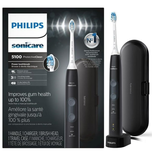 Philips Sonicare ProtectiveClean 5100 Cepillo de Dientes Eléctrico Recargable, con Sensor de Presión, 3 Modos de Limpieza, SmarTimer y QuadPacer, Batería de 14 Días, Estuche de Viaje, Negro, Modelo HX