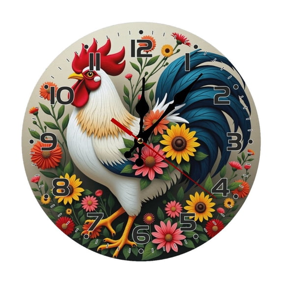 Rooster Chicken Flowers Wall Clock 10 Inch Silent Non Ticking Round Wooden Clock Decoration for Living Room Kitchen Bedroom Bathroom Office Classroom