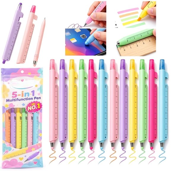 5-in-1 Multifunction Ruler Stylus Pen, 0.5mm Ballpoint Pen with Highlighter, Ruler & Touch Screen Stylus