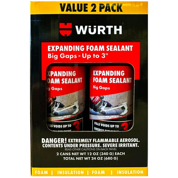 Würth Expanding Foam Sealant Value 2-Pack - Big Gaps up to 3 Inches, 2 x 12 oz Insulating Spray Foam Cans