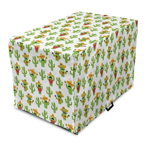 Cinco de Mayo Dog Crate Cover, Funny Mexican Cactus Characters, Easy to Use Pet Kennel Cover Small Dogs Puppies Kittens, 7 Sizes, Lime Green White Mustard, by Ambesonne
