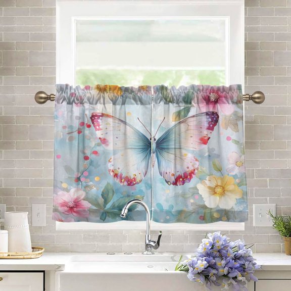 BZSMCE Set of 2 Pieces Kitchen Window Curtain Fashion Colorful Butterfly Dance Printed 27x24in/27x36in