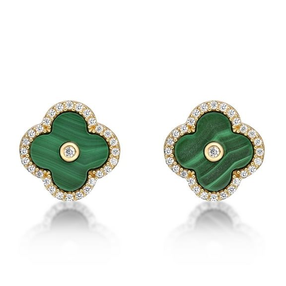 Lavari Jewelers Four Petal Halo Flower Stud Earrings for Women - Elegant Green Malachite & Cubic Zirconia in 925 Sterling Silver - Hypoallergenic Yellow Gold Plated - 11 MM Push Back Studs for Her