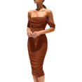 thumbnail image 5 of Womens Summer Off The Shoulder Ruched Bodycon Dresses Sleeveless Fitted Party Club Midi -GSL, 5 of 5