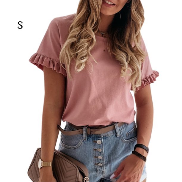 Qarigey Camiseta de mujer Cuello Top de verano Manga corta Algodón Chica Paño Prendas para la parte del cuerpo Piel rosa S